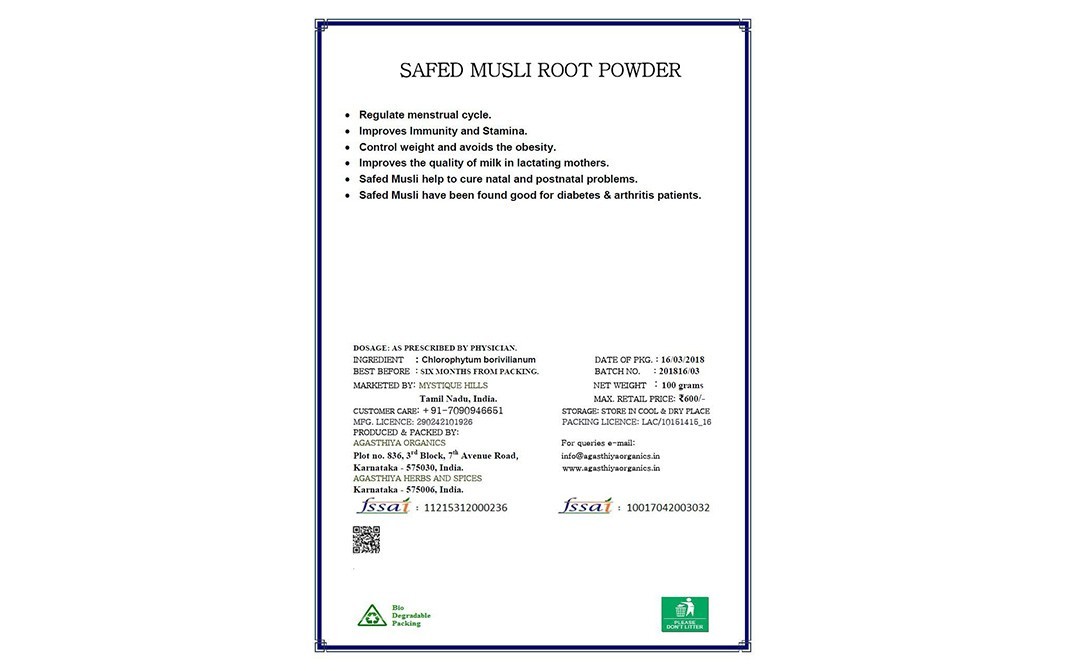 Mystique Hills Organic Safed Musli Root Powder   Box  100 grams